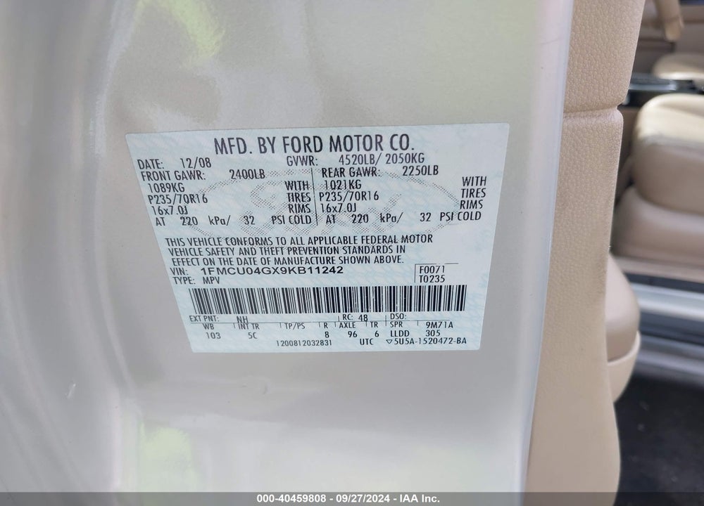2009 FORD ESCAPE LIMITED VIN: 1FMCU04GX9KB11242