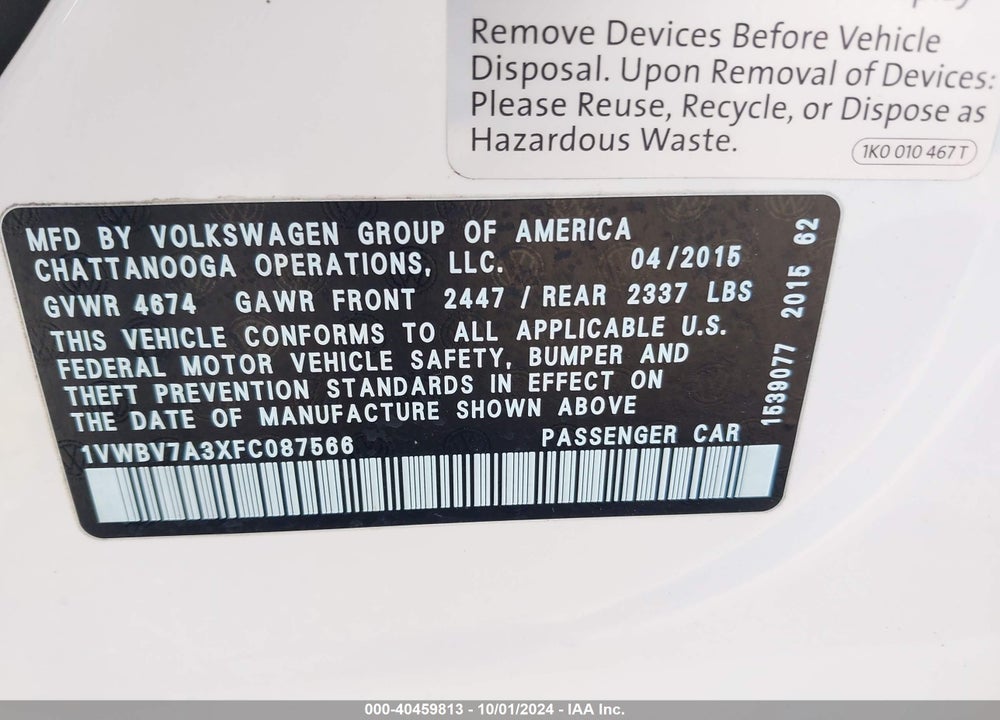 2015 VOLKSWAGEN PASSAT 2.0L TDI SE VIN: 1VWBV7A3XFC087566