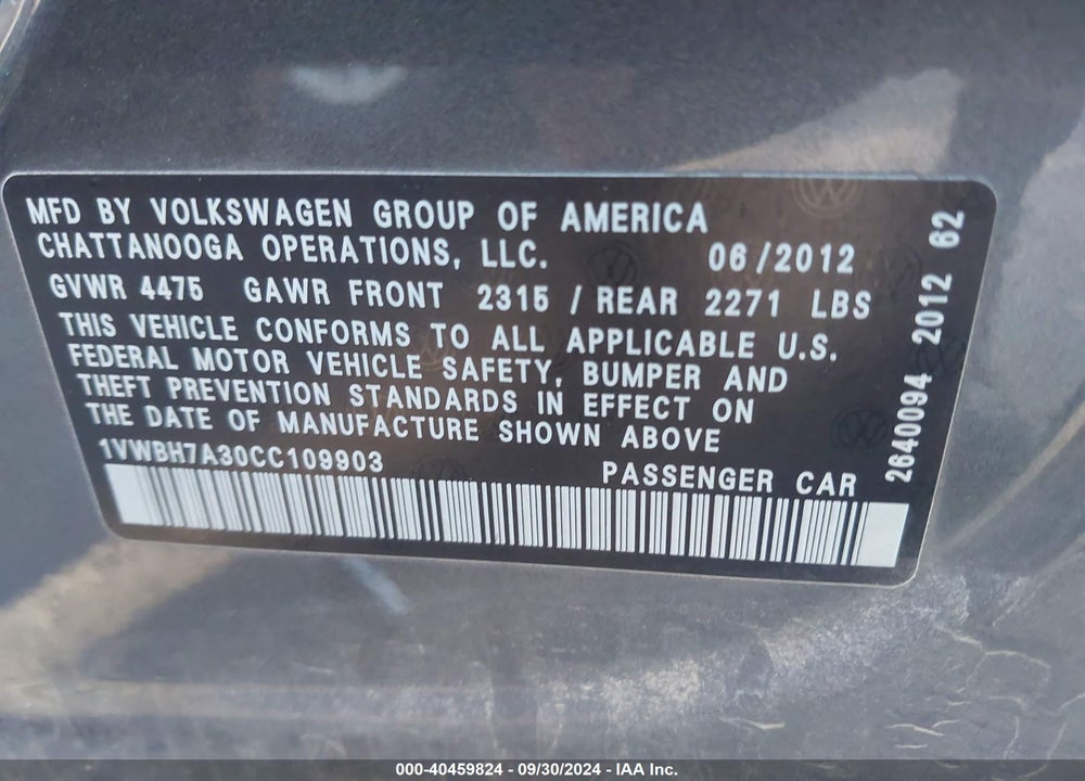 2012 VOLKSWAGEN PASSAT 2.5L SE VIN: 1VWBH7A30CC109903
