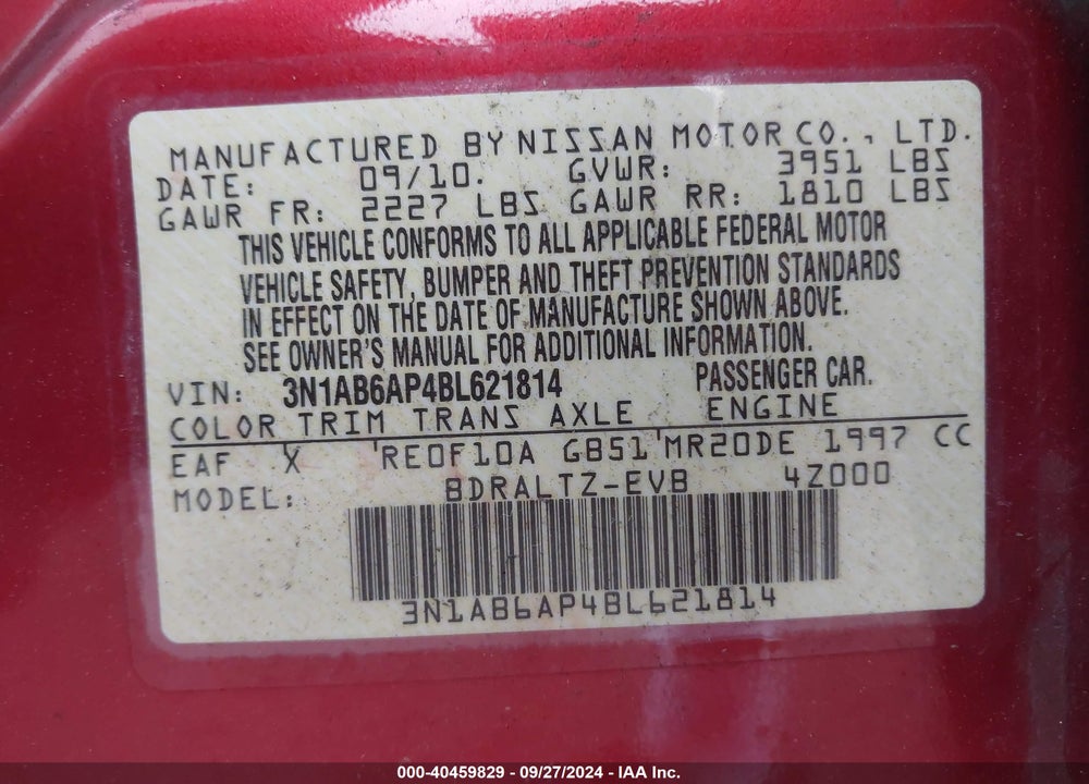 2011 NISSAN SENTRA 2.0SR VIN: 3N1AB6AP4BL621814