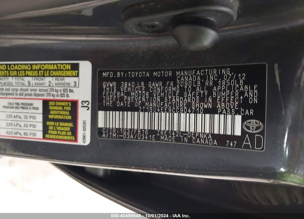 2012 TOYOTA COROLLA LE VIN: 2T1BU4EE9CC904710