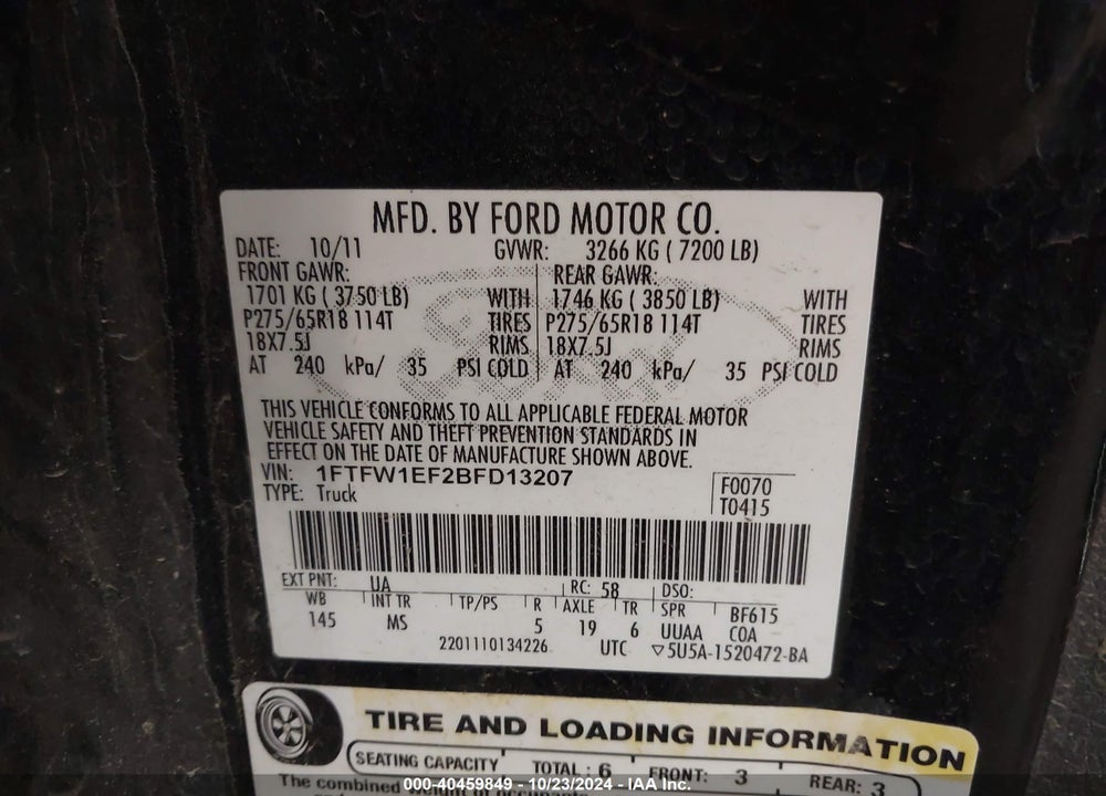 2011 FORD F-150 XLT VIN: 1FTFW1EF2BFD13207