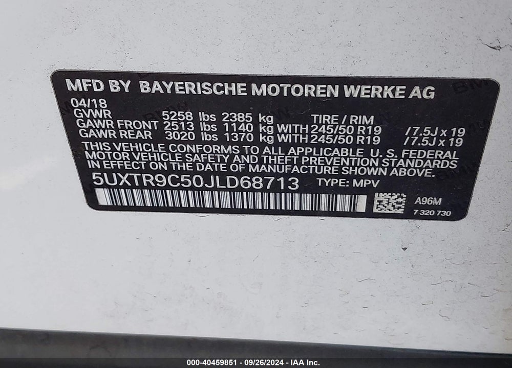 2018 BMW X3 XDRIVE30I VIN: 5UXTR9C50JLD68713