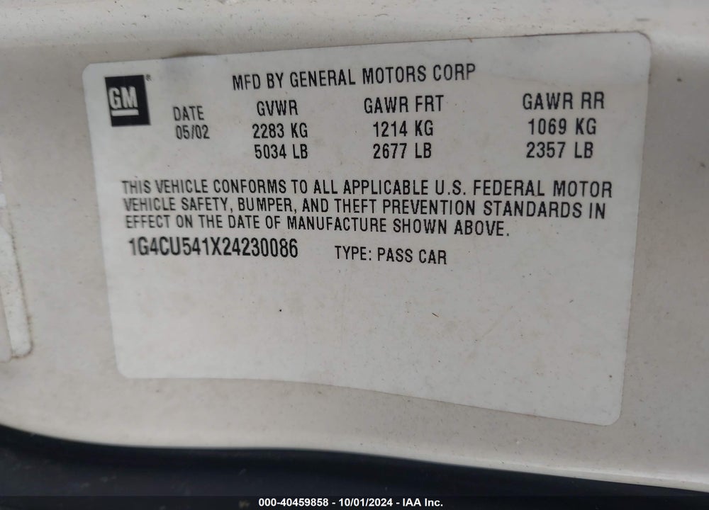 2002 BUICK PARK AVENUE ULTRA VIN: 1G4CU541X24230086