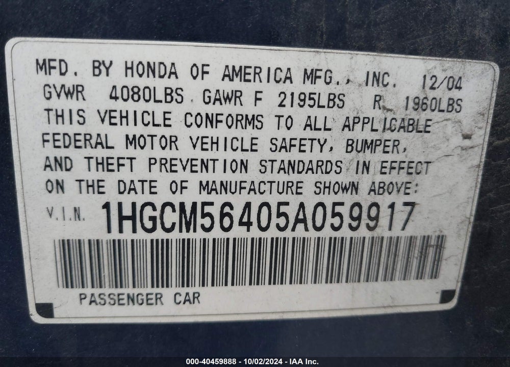 2005 HONDA ACCORD 2.4 LX VIN: 1HGCM56405A059917