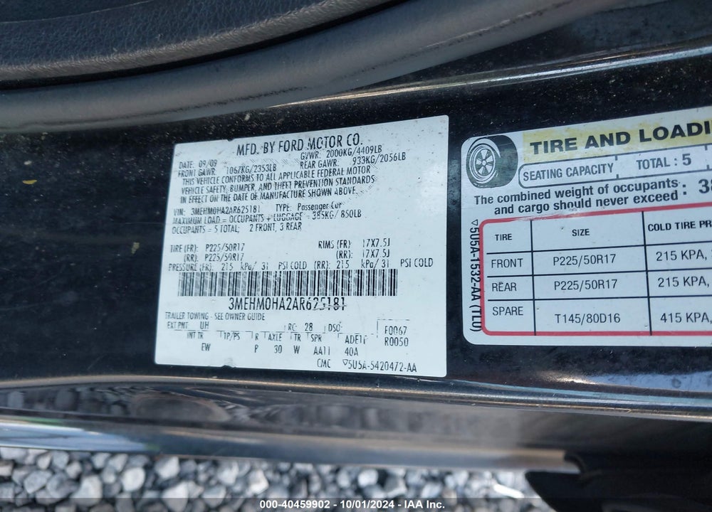 2010 MERCURY MILAN VIN: 3MEHM0HA2AR625181
