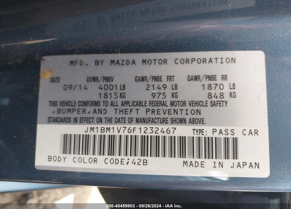 2015 MAZDA 3 I TOURING VIN: JM1BM1V76F1232467