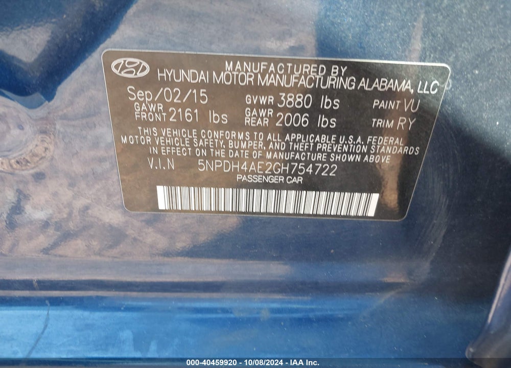2016 HYUNDAI ELANTRA VALUE EDITION VIN: 5NPDH4AE2GH754722