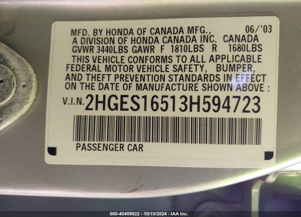 2003 HONDA CIVIC LX VIN: 2HGES16513H594723