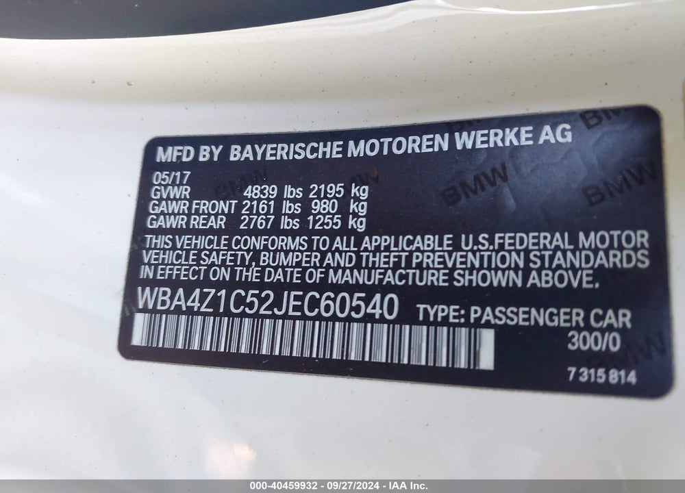 2018 BMW 430I VIN: WBA4Z1C52JEC60540