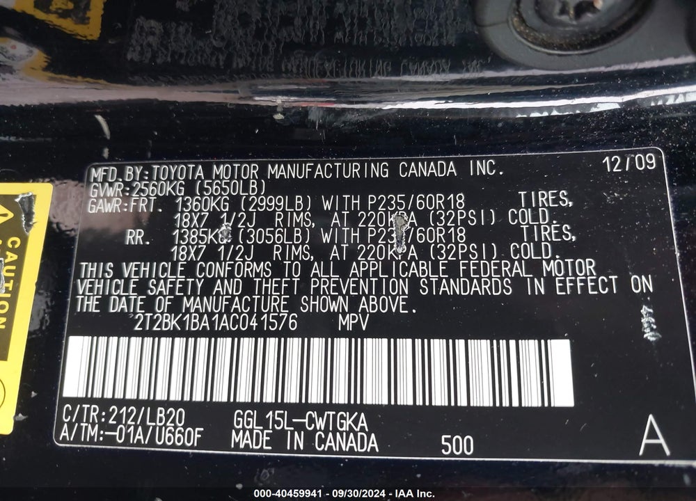 2010 LEXUS RX 350 VIN: 2T2BK1BA1AC041576