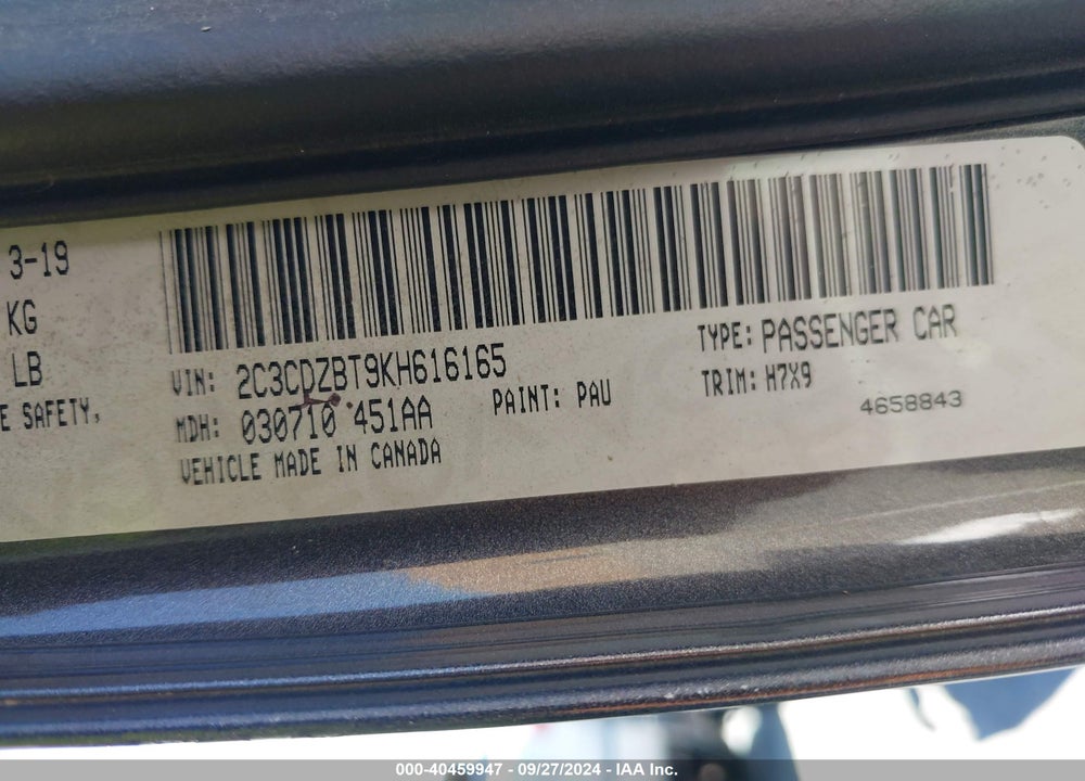 2019 DODGE CHALLENGER R/T VIN: 2C3CDZBT9KH616165