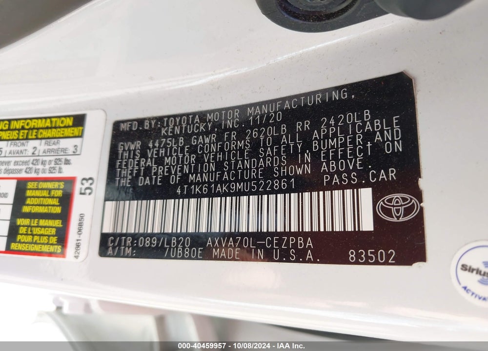 2021 TOYOTA CAMRY XSE VIN: 4T1K61AK9MU522861