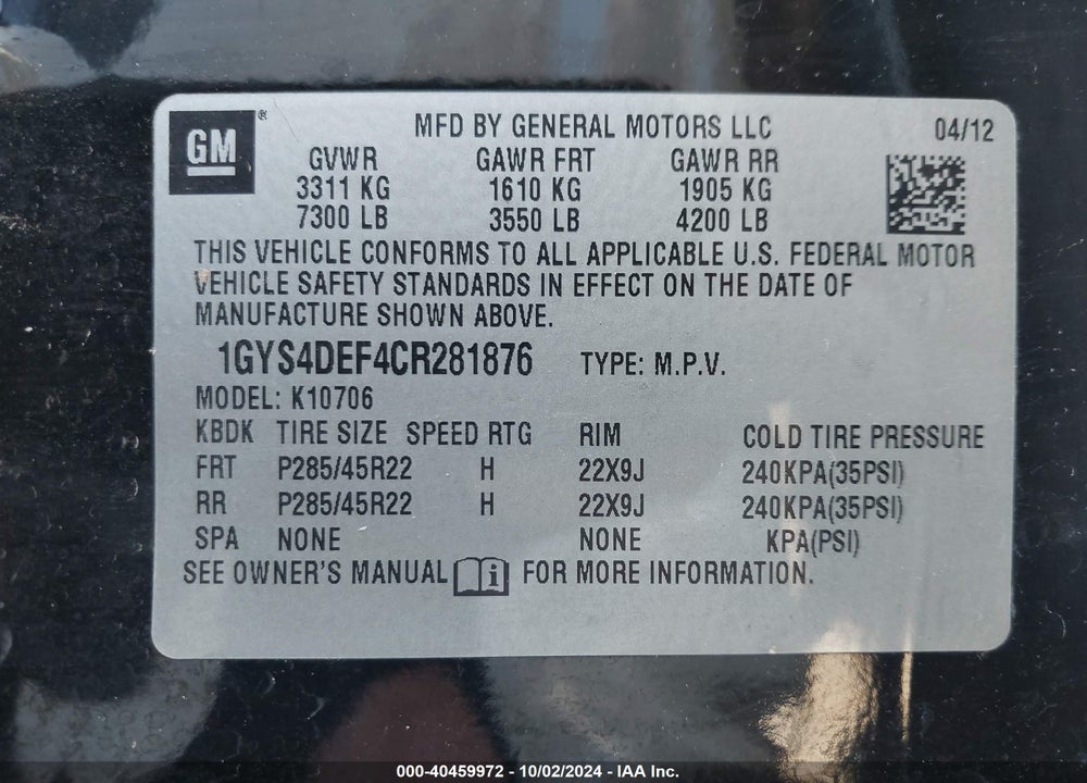 2012 CADILLAC ESCALADE PLATINUM EDITION VIN: 1GYS4DEF4CR281876