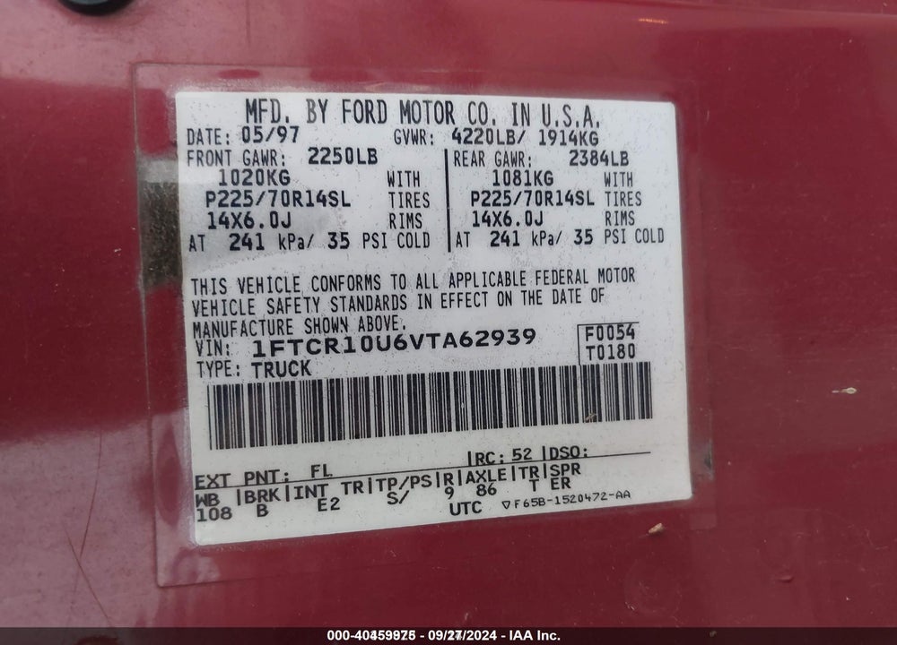 1997 FORD RANGER SPLASH/XL/XLT VIN: 1FTCR10U6VTA62939