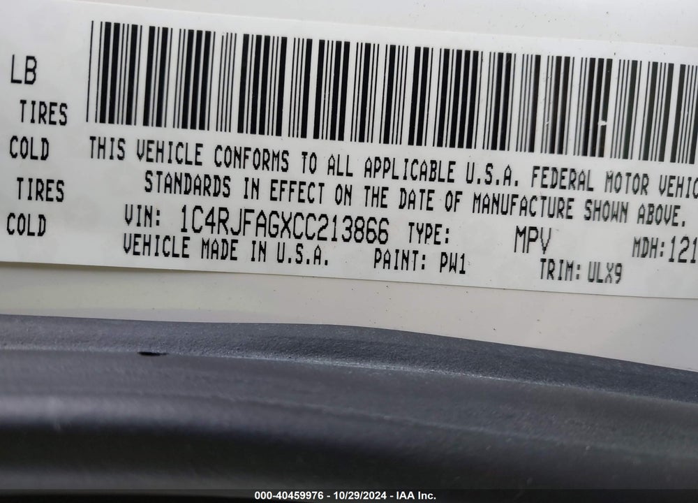 2012 JEEP GRAND CHEROKEE LAREDO VIN: 1C4RJFAGXCC213866