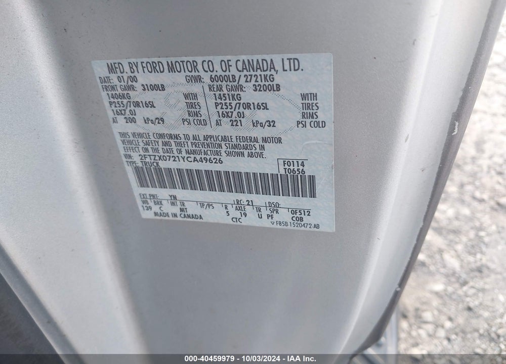 2000 FORD F-150 XL/XLT VIN: 2FTZX0721YCA49626