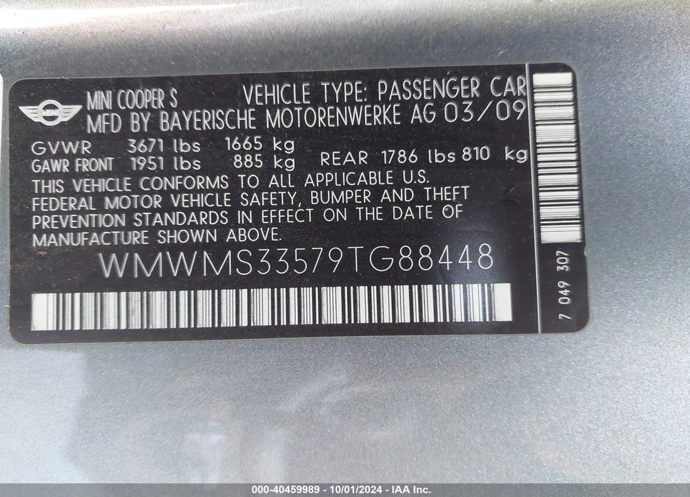 2009 MINI COOPER S VIN: WMWMS33579TG88448