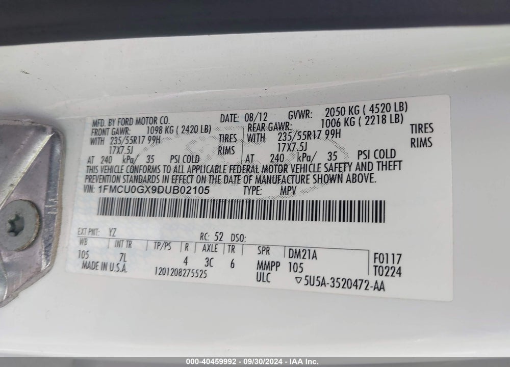 2013 FORD ESCAPE SE VIN: 1FMCU0GX9DUB02105