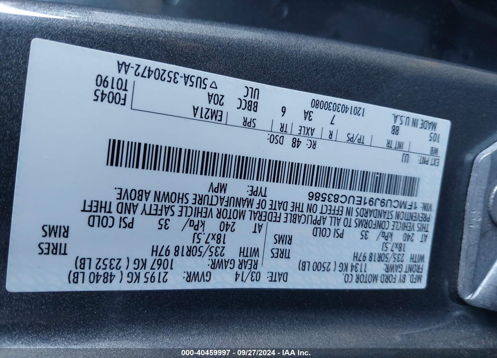 2014 FORD ESCAPE TITANIUM VIN: 1FMCU9J91EUC83586
