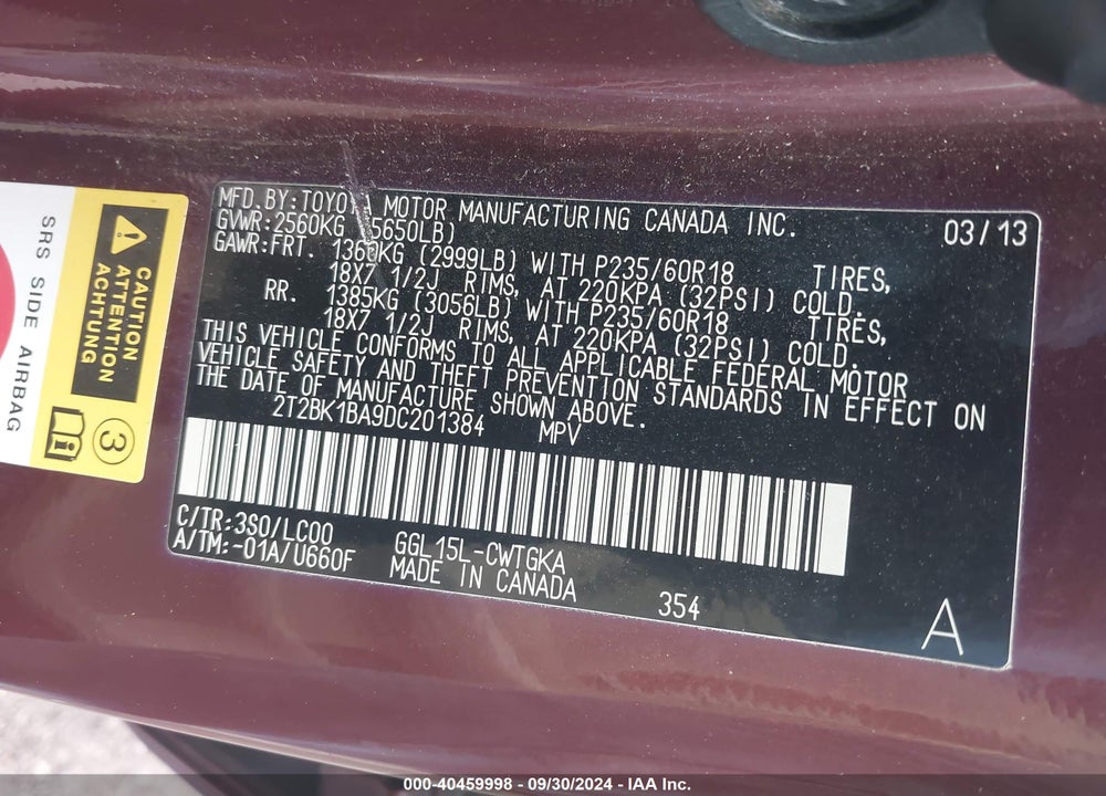 2013 LEXUS RX 350 VIN: 2T2BK1BA9DC201384