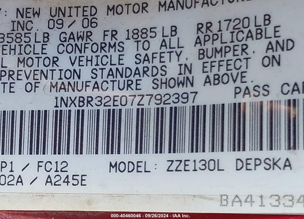 2007 TOYOTA COROLLA S VIN: 1NXBR32E07Z792397