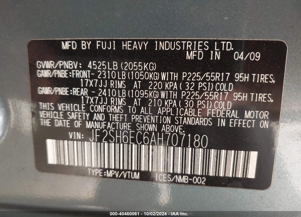 2010 SUBARU FORESTER 2.5XT PREMIUM VIN: JF2SH6EC6AH707180