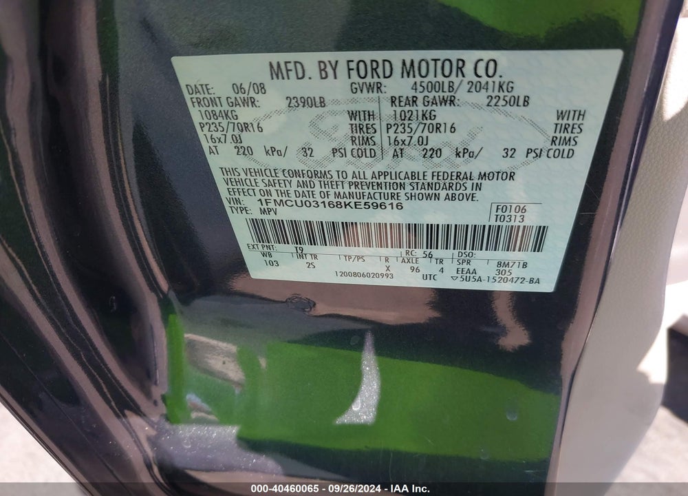 2008 FORD ESCAPE XLT VIN: 1FMCU03168KE59616