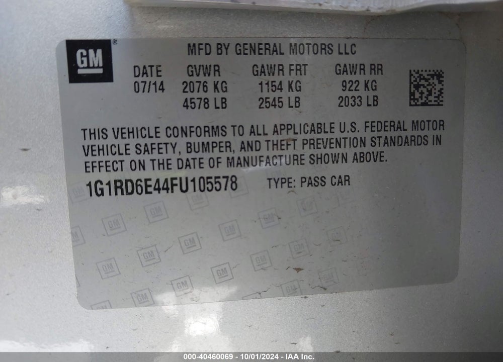 2015 CHEVROLET VOLT VIN: 1G1RD6E44FU105578