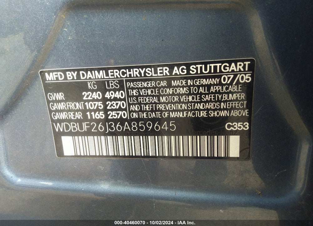 2006 MERCEDES-BENZ E 320 CDI VIN: WDBUF26J36A859645