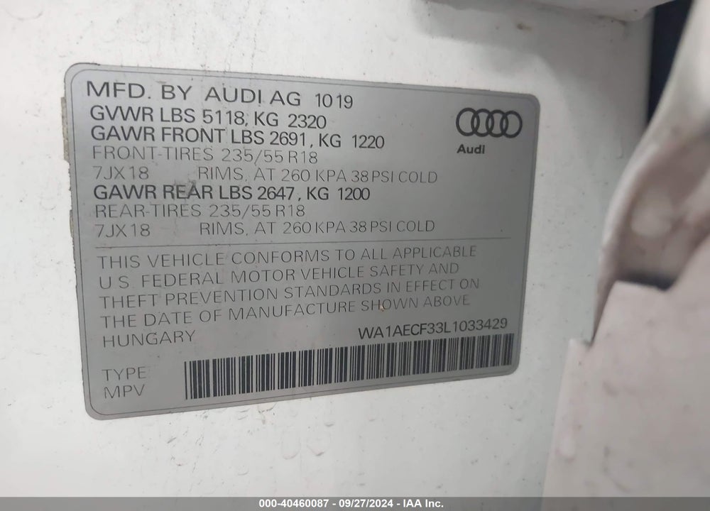 2020 AUDI Q3 PREMIUM 45 TFSI QUATTRO TIPTRONIC VIN: WA1AECF33L1033429