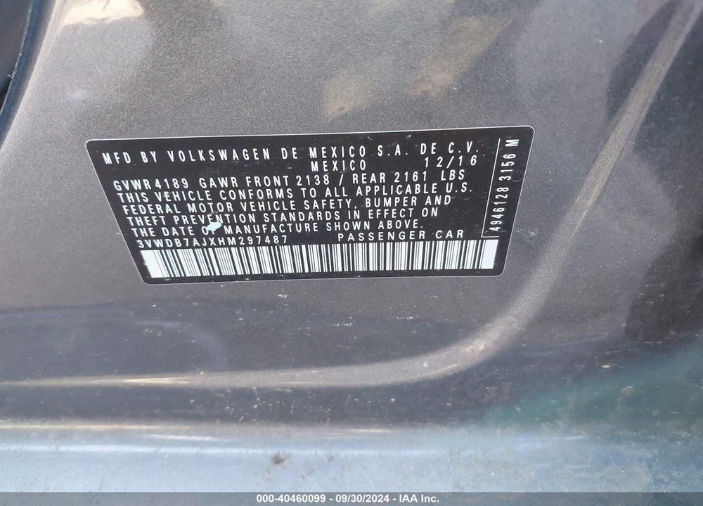 2017 VOLKSWAGEN JETTA 1.4T SE VIN: 3VWDB7AJXHM297487