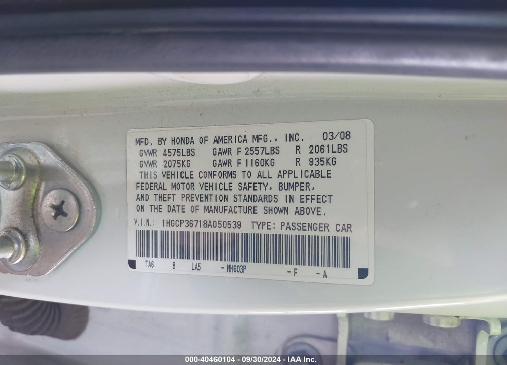 2008 HONDA ACCORD 3.5 EX VIN: 1HGCP36718A050539