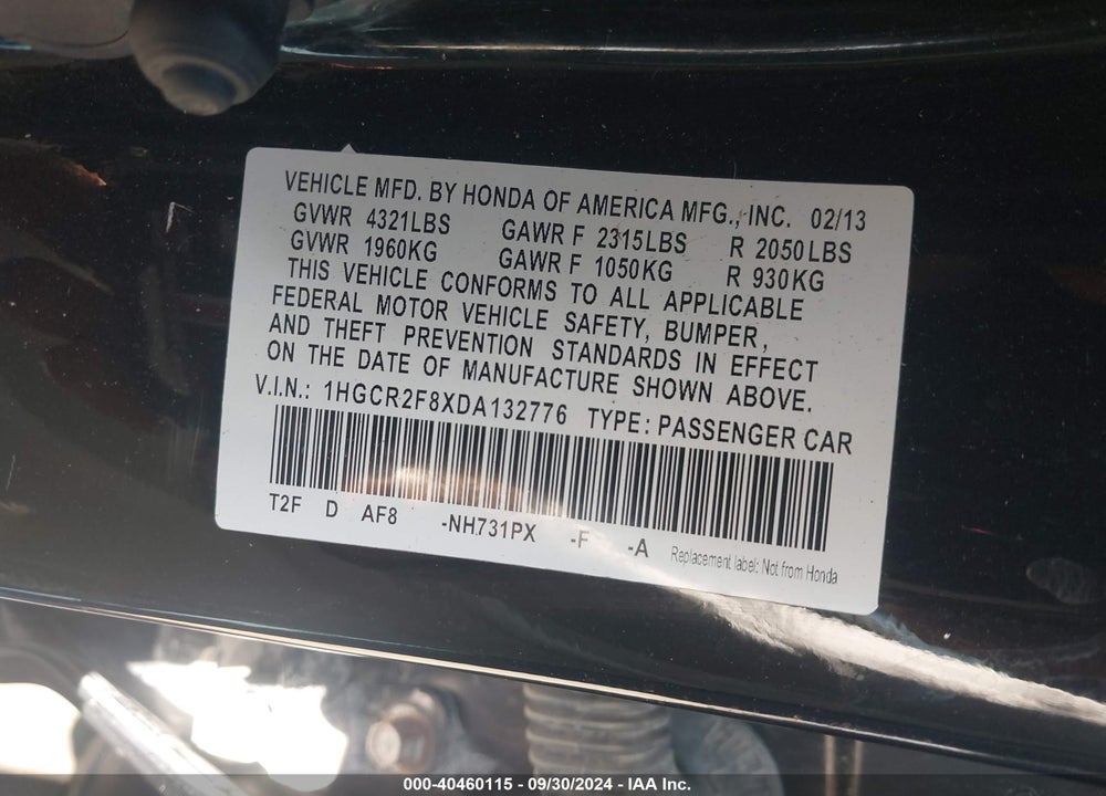 2013 HONDA ACCORD EX-L VIN: 1HGCR2F8XDA132776