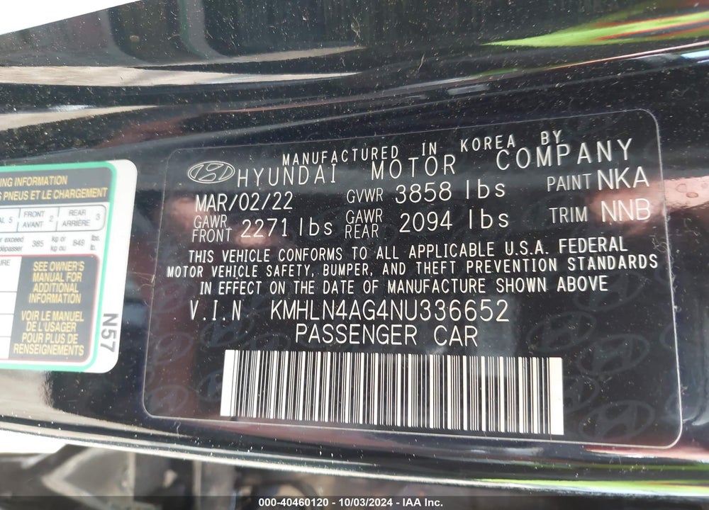 2022 HYUNDAI ELANTRA SEL VIN: KMHLN4AG4NU336652