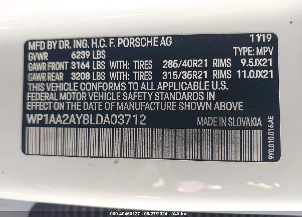 2020 PORSCHE CAYENNE VIN: WP1AA2AY8LDA03712