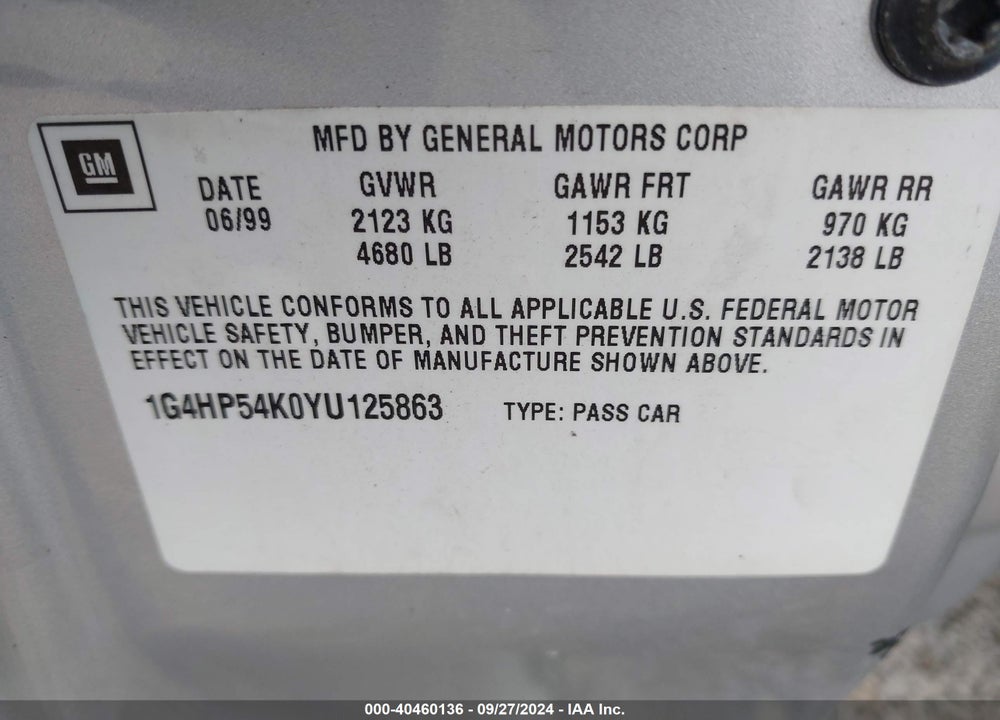 2000 BUICK LESABRE CUSTOM VIN: 1G4HP54K0YU125863