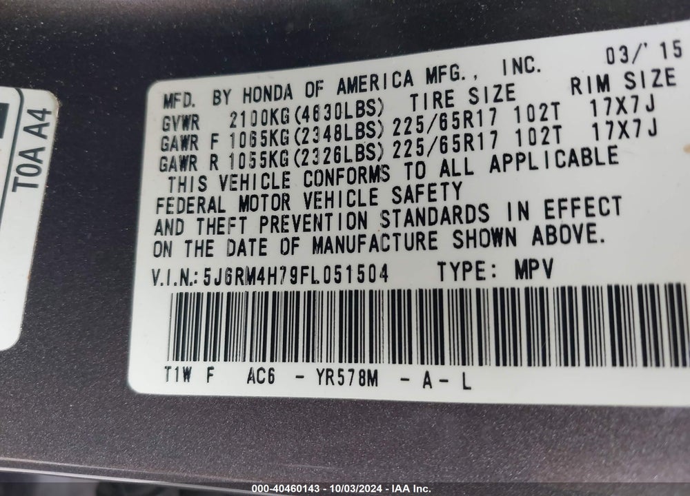 2015 HONDA CR-V EX-L VIN: 5J6RM4H79FL051504