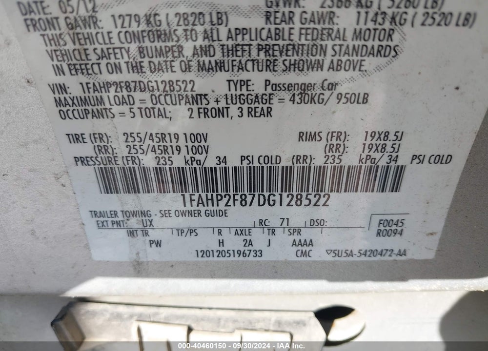 2013 FORD TAURUS LIMITED VIN: 1FAHP2F87DG128522
