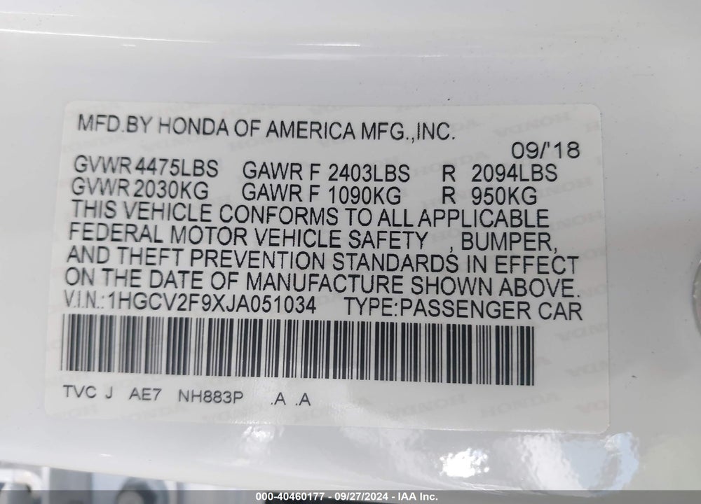 2018 HONDA ACCORD TOURING 2.0T VIN: 1HGCV2F9XJA051034