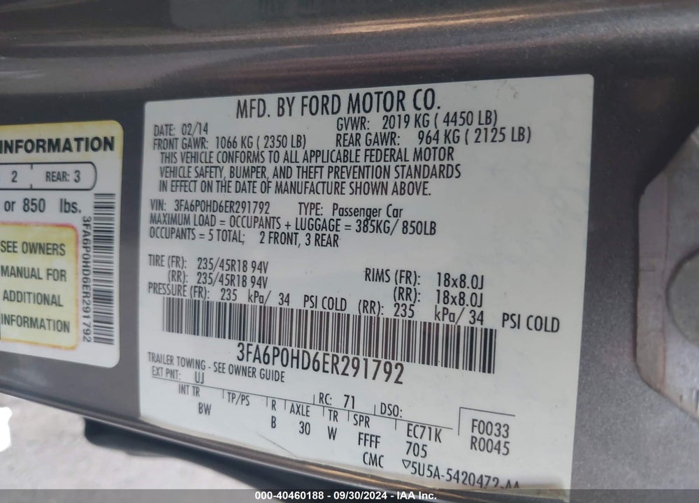 2014 FORD FUSION SE VIN: 3FA6P0HD6ER291792