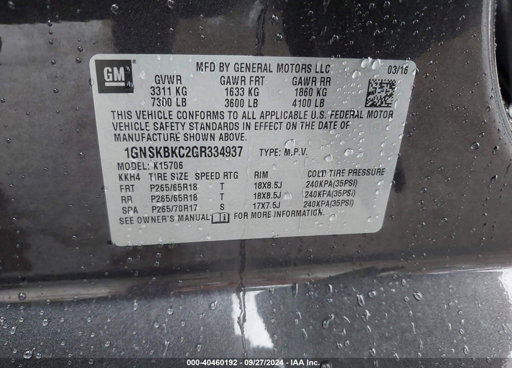 2016 CHEVROLET TAHOE LT VIN: 1GNSKBKC2GR334937