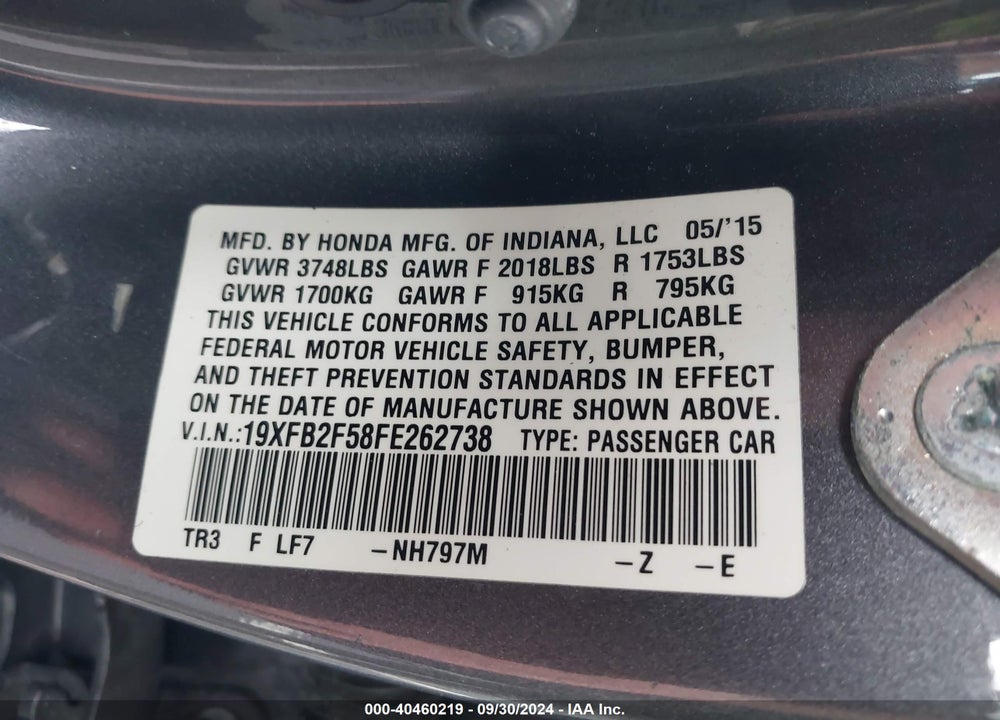 2015 HONDA CIVIC LX VIN: 19XFB2F58FE262738