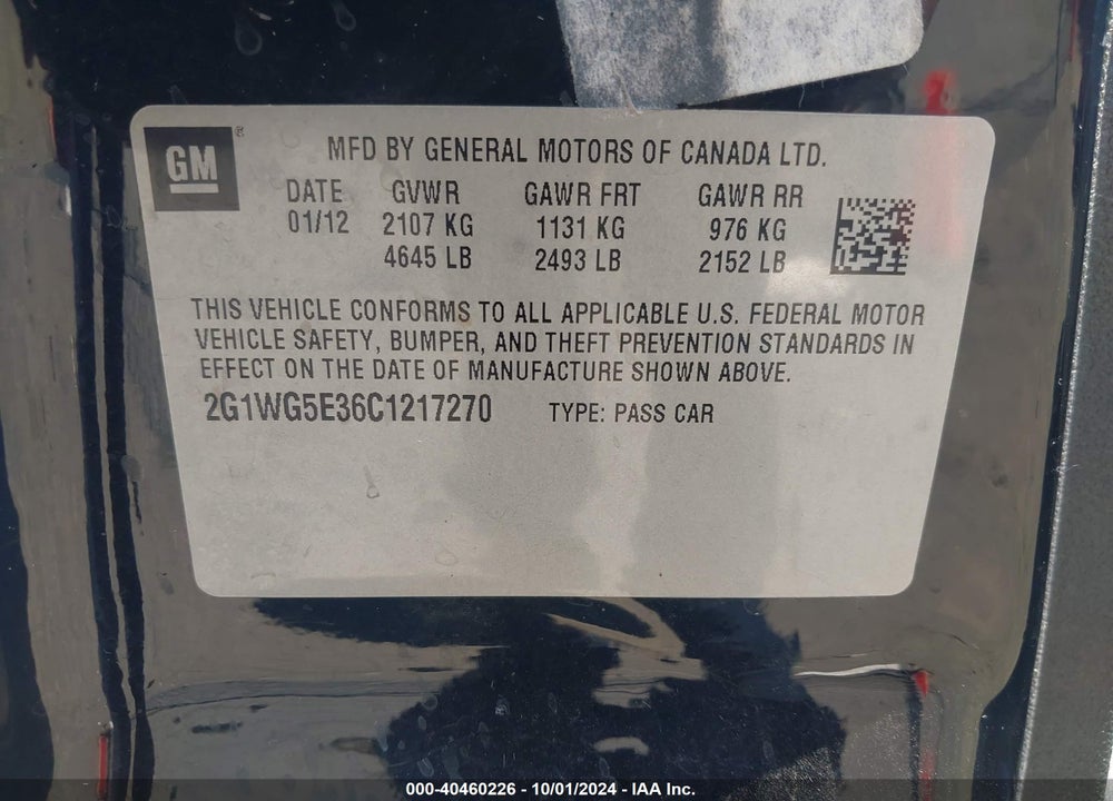 2012 CHEVROLET IMPALA LT VIN: 2G1WG5E36C1217270
