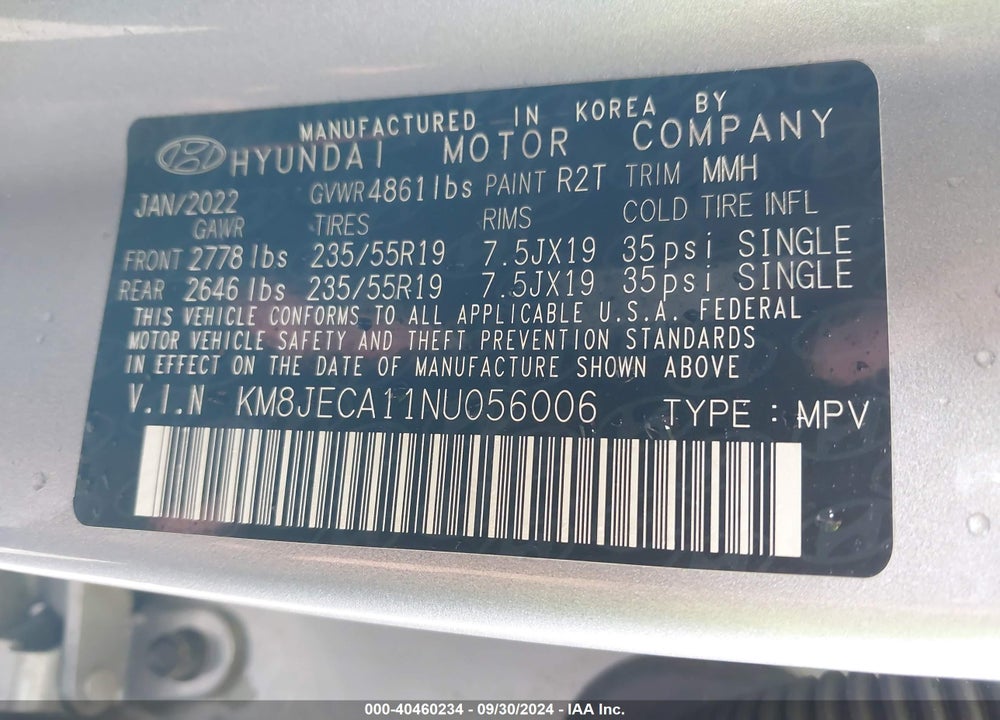2022 HYUNDAI TUCSON HYBRID LIMITED VIN: KM8JECA11NU056006