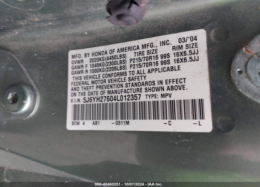 2004 HONDA ELEMENT EX VIN: 5J6YH27604L012357