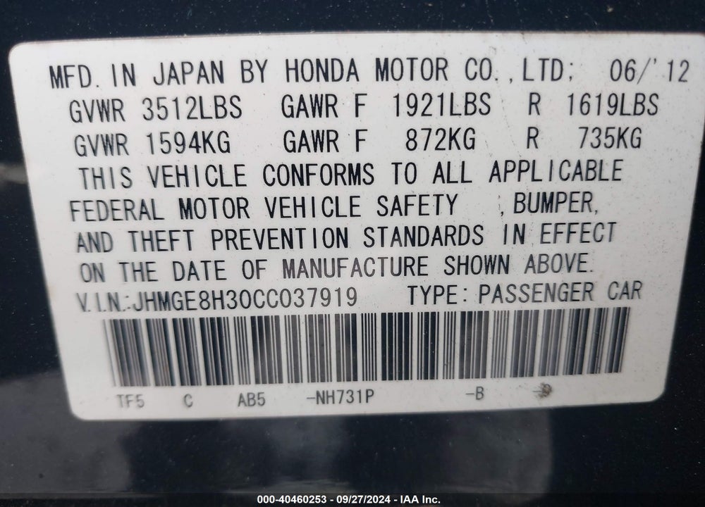 2012 HONDA FIT VIN: JHMGE8H30CC037919