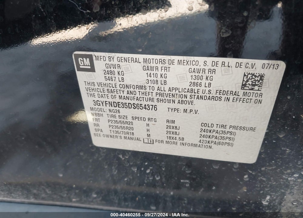 2013 CADILLAC SRX PERFORMANCE COLLECTION VIN: 3GYFNDE35DS654376