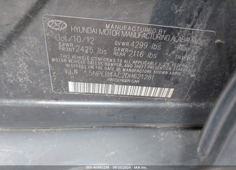 2013 HYUNDAI SONATA GLS VIN: 5NPEB4AC2DH621281