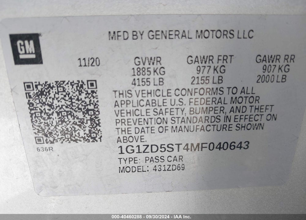 2021 CHEVROLET MALIBU LT VIN: 1G1ZD5ST4MF040643
